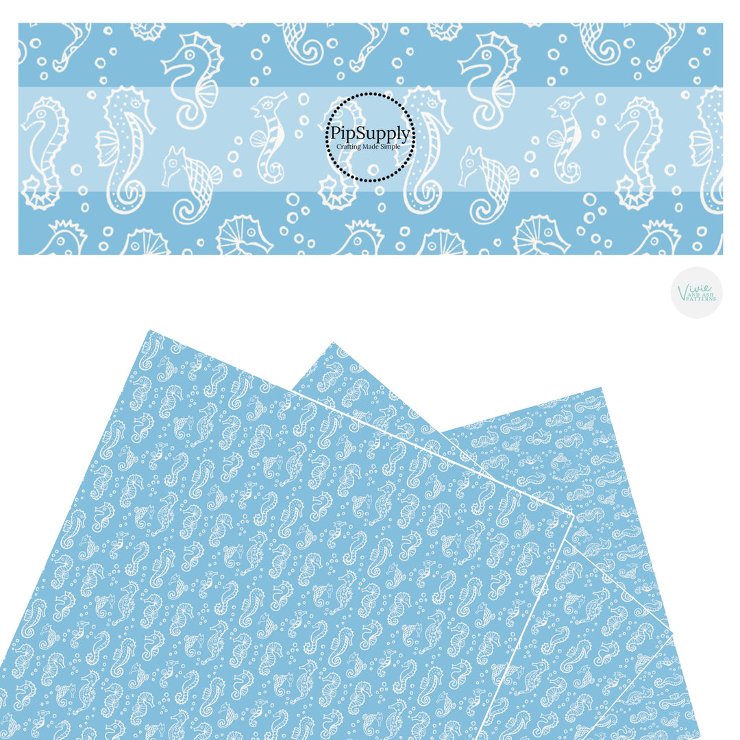 These ocean faux leather sheets contain the following design elements: white seahorses on blue. Our CPSIA compliant faux leather sheets or rolls can be used for all types of crafting projects.