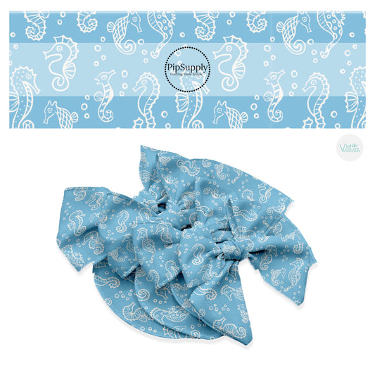 These ocean themed no sew bow strips can be easily tied and attached to a clip for a finished hair bow. These patterned bow strips are great for personal use or to sell. These bow strips feature white seahorses on blue.