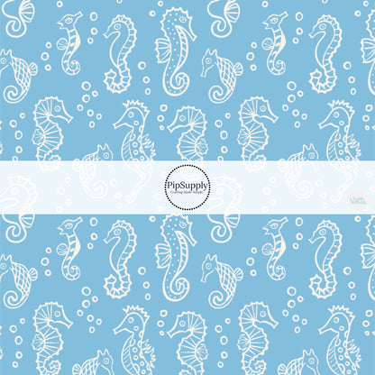 These ocean themed no sew bow strips can be easily tied and attached to a clip for a finished hair bow. These patterned bow strips are great for personal use or to sell. These bow strips feature white seahorses on blue.