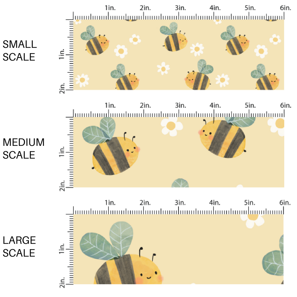 White Daisies and Bumblebees on Yellow Fabric by the Yard scaled image guide.