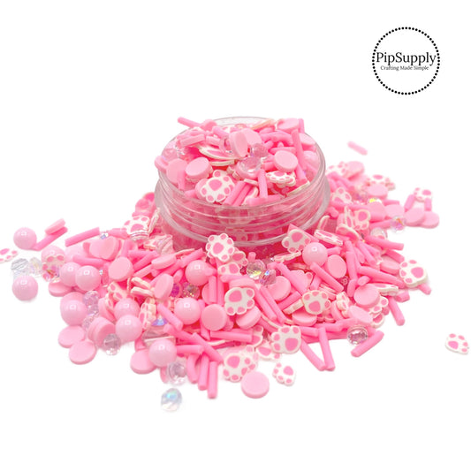 This pink clay slices mix is versatile for many craft projects. This Easter mix has sprinkles, beads, rhinestones, and clay bunny footprints. You can use it to add sparkle and decoration to resin projects, filling for shaker bows, slime making, party decor, scrapbooking, card making and nail art. 