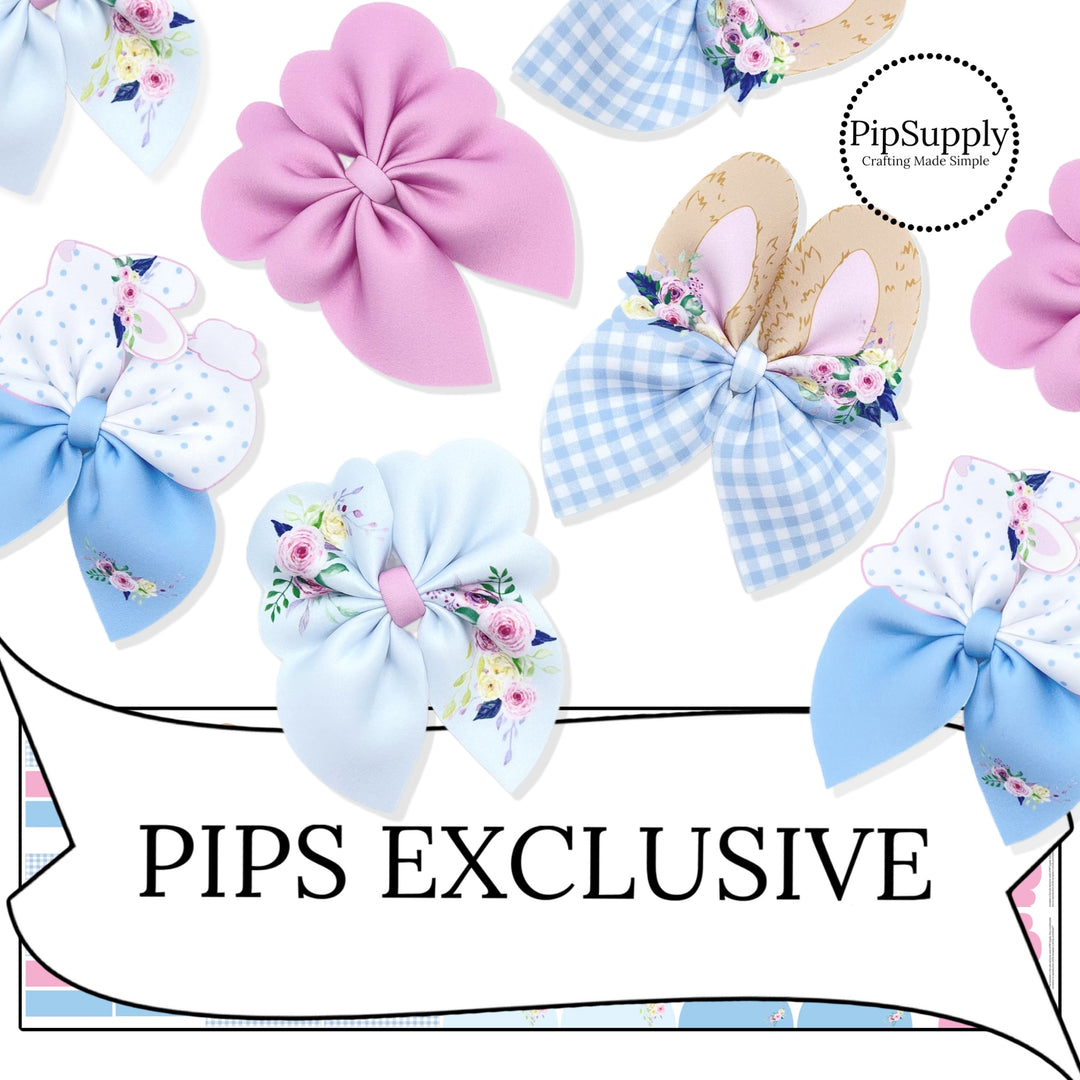 light blue flowers and plaid bunny ears on neoprene for diy bows