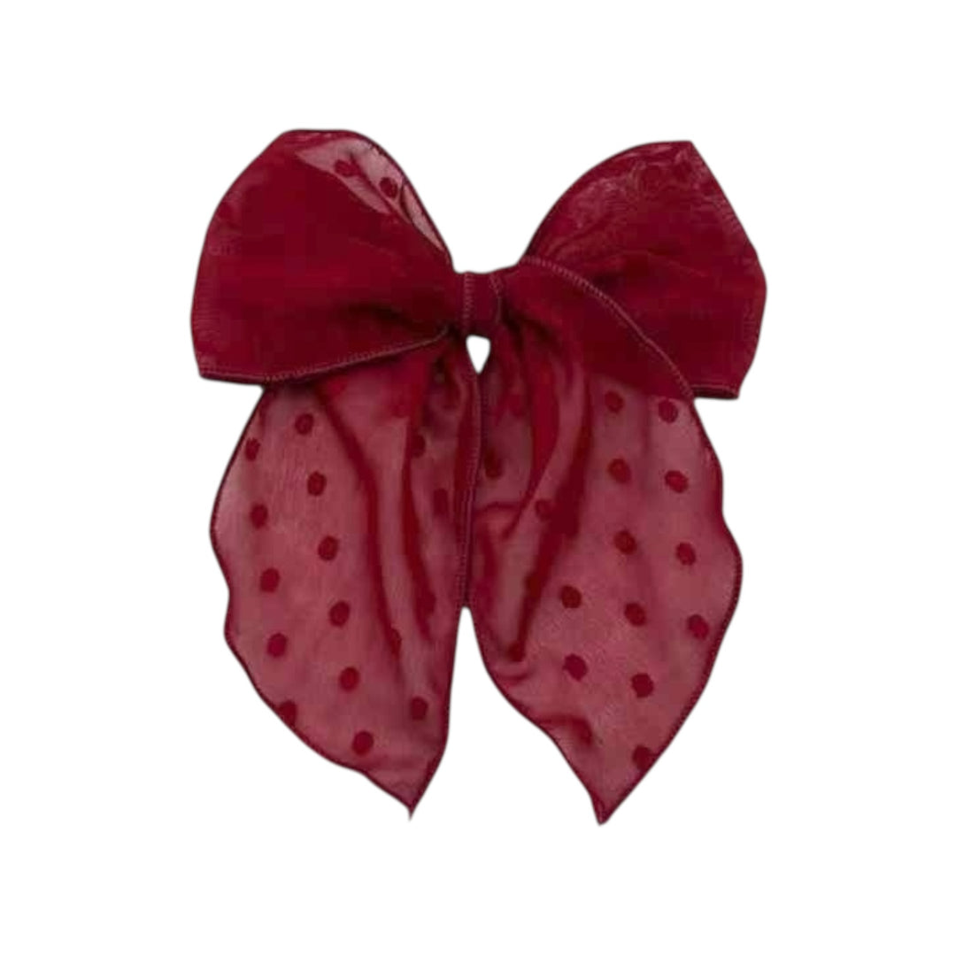 Burgundy Dotted Sheer Hair Tied Bow w/ Clip