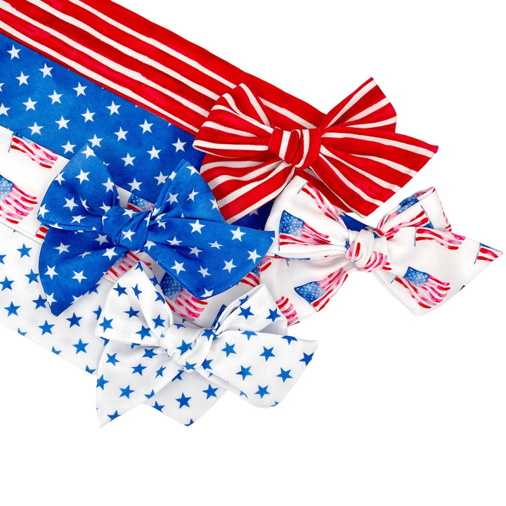 These patriotic closed edge fabric bow strips are made from a woven polyester with a cotton-like resemblance. Perfect for this summer and Independence Day! These hair no sew bow strips can be easily tied and attached to a clip for a finished hair bow. Hand wash in cold water air dry.