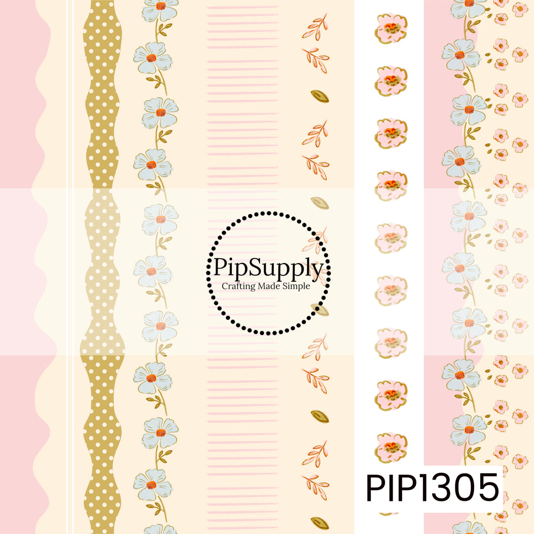 A whimsical stripe pattern featuring a mix of soft pink waves, mustard polka dots, delicate blue and pink florals, tiny leafy sprigs, and hand-drawn pink lines. A warm cream background and playful mix of patterns give it a sweet vintage garden feel.
