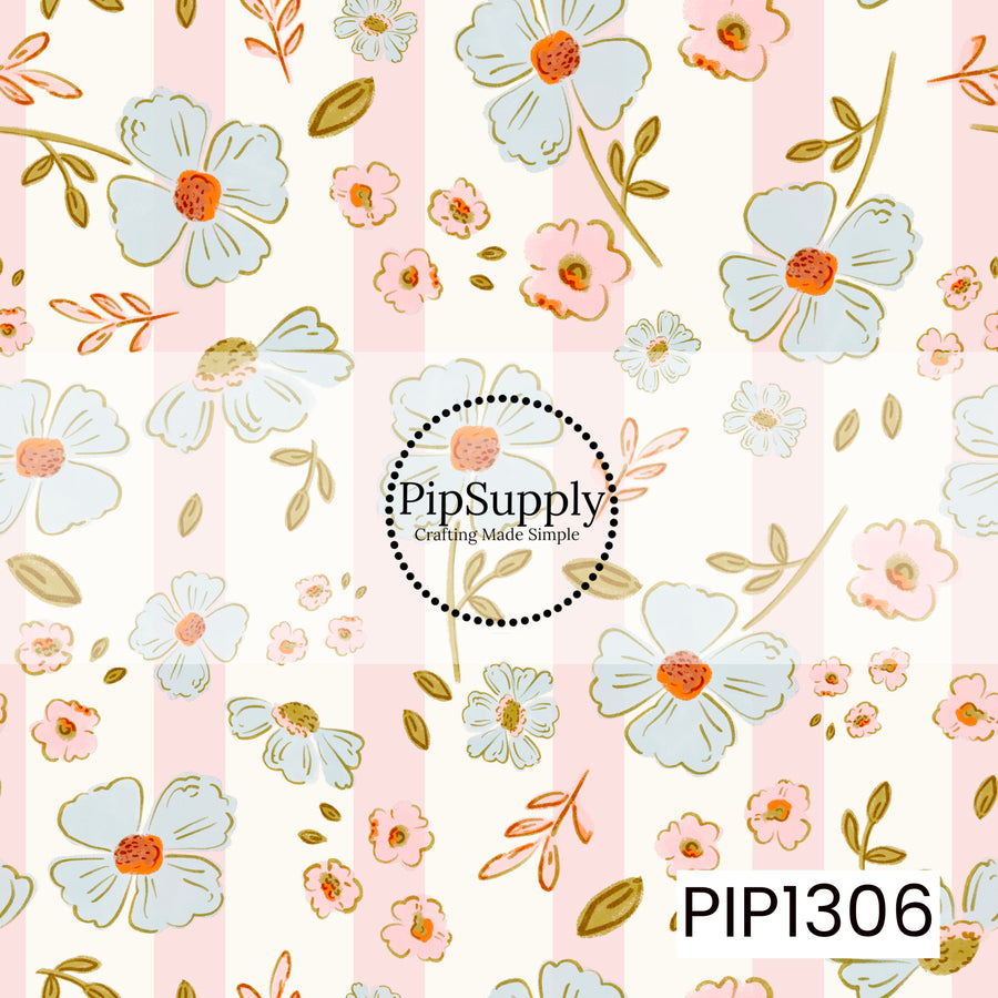 A playful floral pattern featuring soft blue and blush pink flowers scattered over wide blush and cream vertical stripes. Warm golden leaves, delicate orange sprigs, and hand-drawn details give the design a sweet vintage-inspired garden feel.
