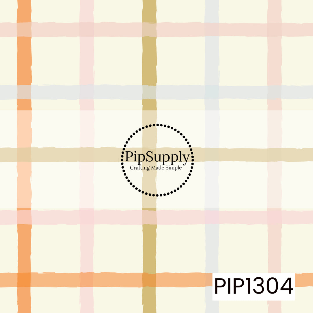 A soft hand-drawn plaid featuring warm orange, blush pink, muted mustard, and pale blue lines layered over a creamy ivory background. The slightly uneven brushstroke texture gives it a cozy, playful feel.
