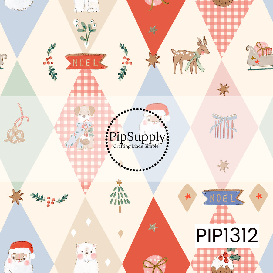 A whimsical vintage-inspired Christmas argyle featuring colorful diamonds filled with Santa, reindeer, gifts, Christmas trees, gingham, holly, and festive “Noel” accents. Soft red, blush pink, powder blue, sage green, and warm cream tones give it a playful retro holiday feel.
