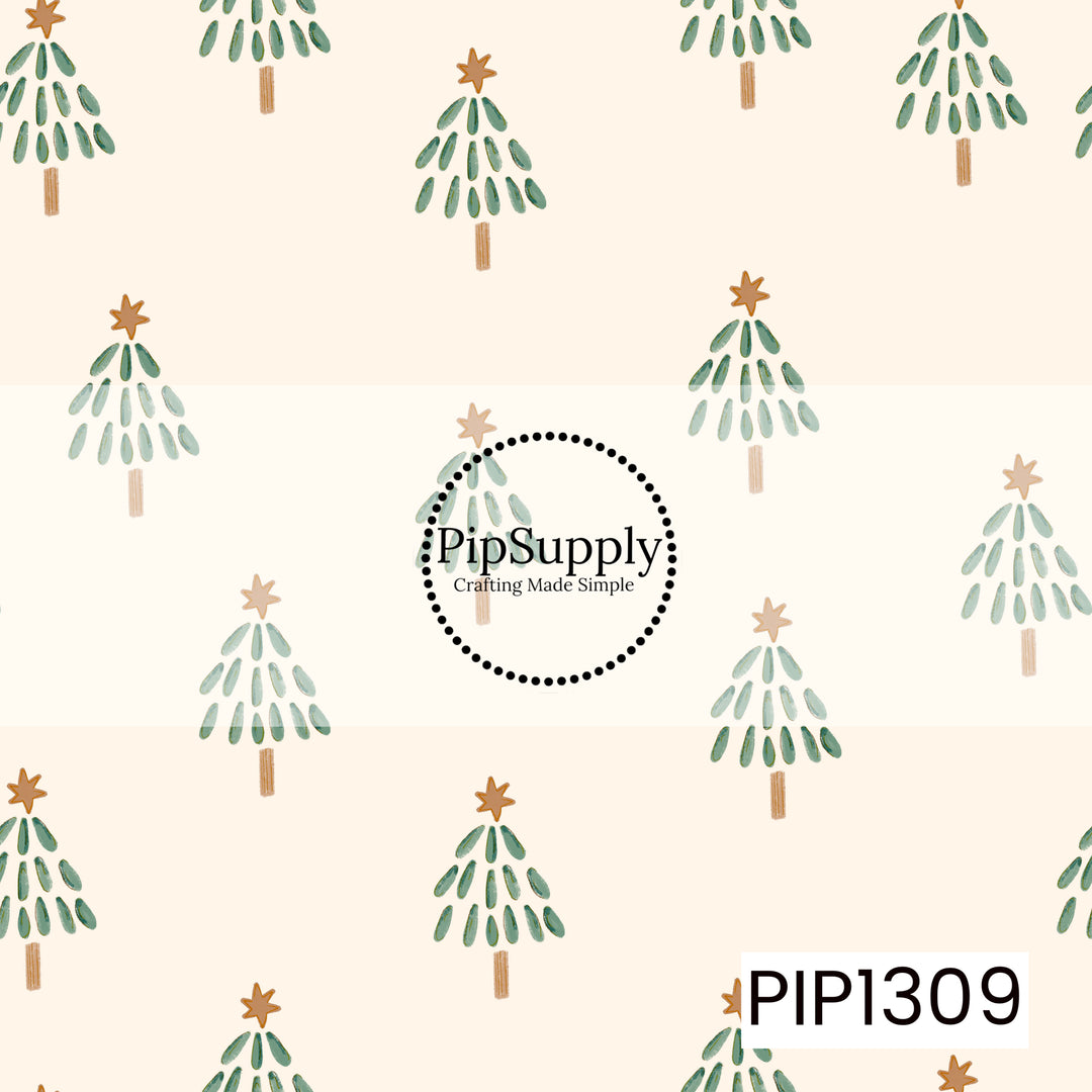A simple hand-painted Christmas tree print featuring whimsical green trees topped with warm golden stars. Set against a soft cream background, the minimal design has a cozy, vintage holiday feel.
