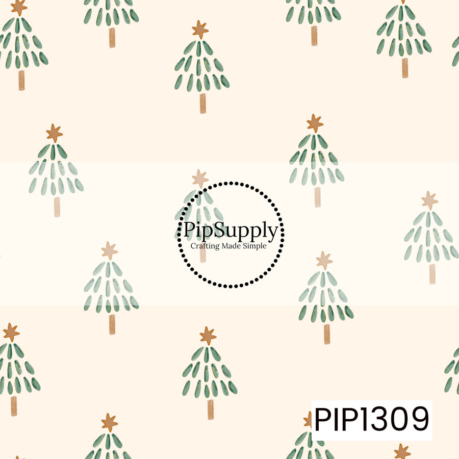 A simple hand-painted Christmas tree print featuring whimsical green trees topped with warm golden stars. Set against a soft cream background, the minimal design has a cozy, vintage holiday feel.
