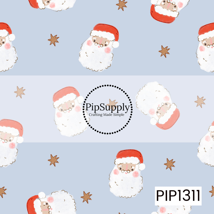 A whimsical hand-painted Santa print featuring rosy-cheeked Santas in red hats scattered with warm brown stars. The soft powder blue background gives this classic Christmas design a sweet, cozy vintage feel.
