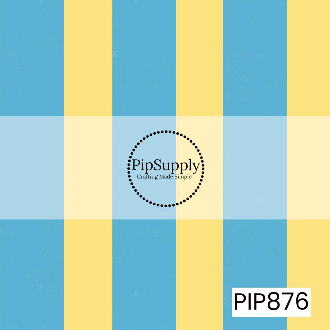 A bold cabana stripe pattern featuring wide vertical bands of bright sky blue and buttery yellow. The clean, evenly spaced stripes create a classic coastal look, while the lightly textured finish adds a soft, sunwashed feel. The cheerful color combination evokes beach umbrellas, seaside resorts, and carefree summer days.
