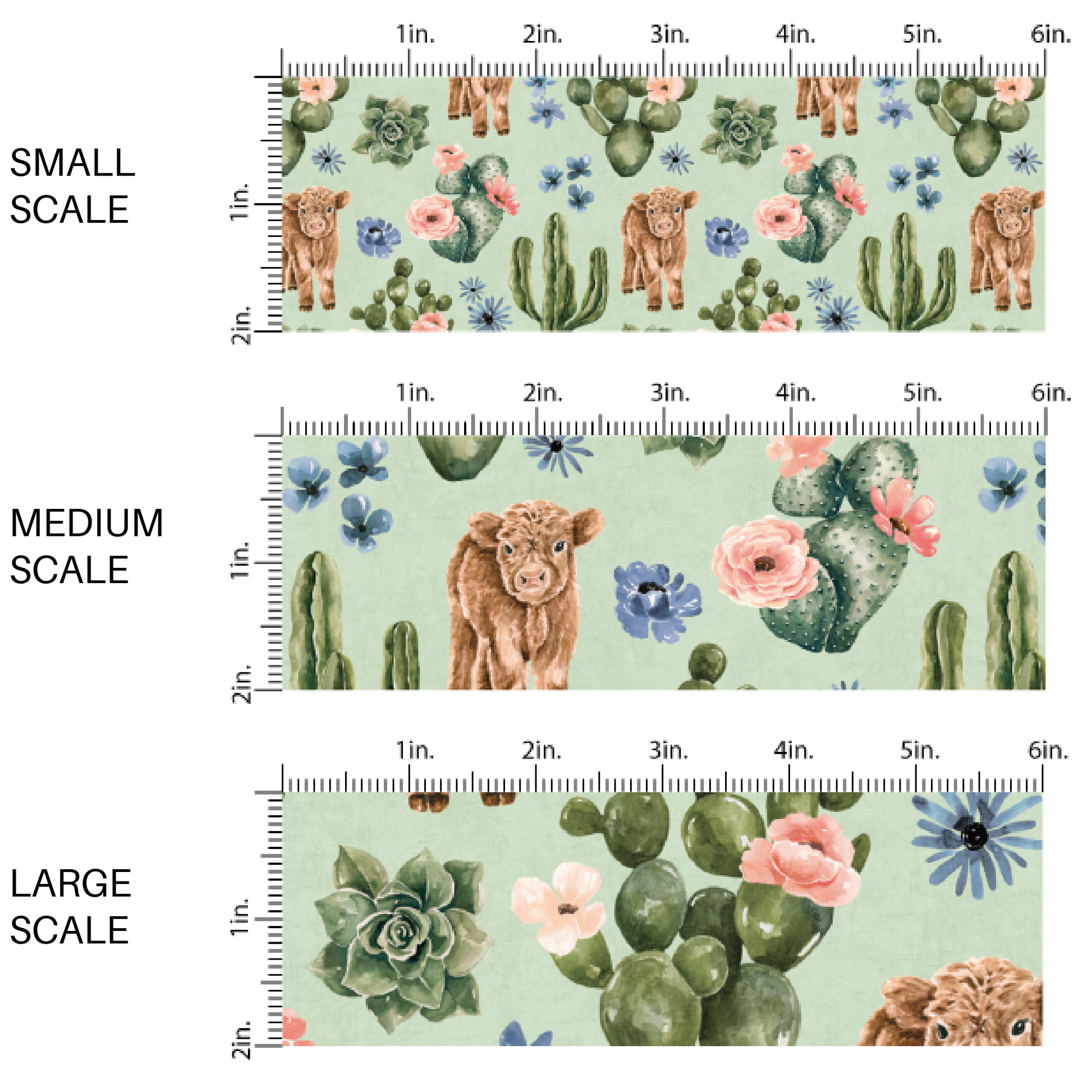 This scale chart of small scale, medium scale, and large scale of these cows, cacti, and flower pattern themed fabric by the yard features brown cows surrounded by pink and blue flower bunches and cacti on aqua blue. This fun floral fabric can be used for all your sewing and crafting needs!