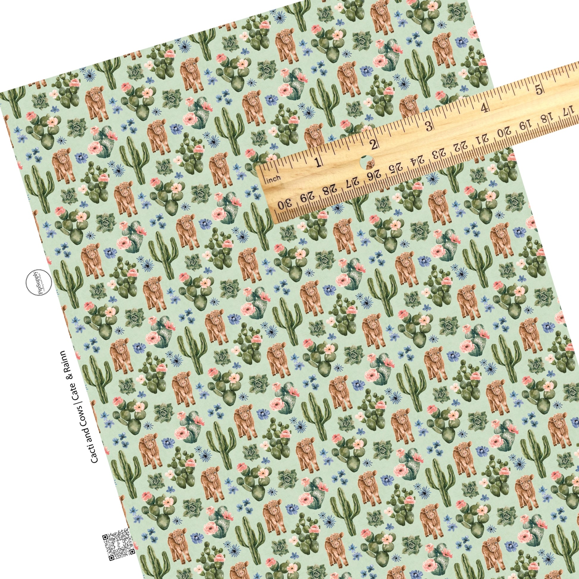 These cows, cacti, and flower pattern themed faux leather sheets contain the following design elements: brown cows surrounded by pink and blue flower bunches and cacti on aqua blue. Our CPSIA compliant faux leather sheets or rolls can be used for all types of crafting projects.
