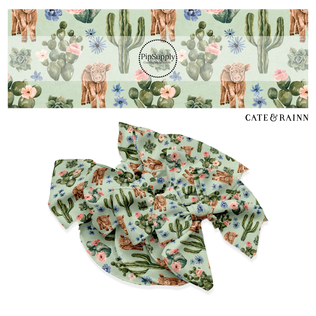 These cows, cacti, and flower pattern themed no sew bow strips can be easily tied and attached to a clip for a finished hair bow. These bow strips are great for personal use or to sell. The bow strips features brown cows surrounded by pink and blue flower bunches and cacti on aqua blue.