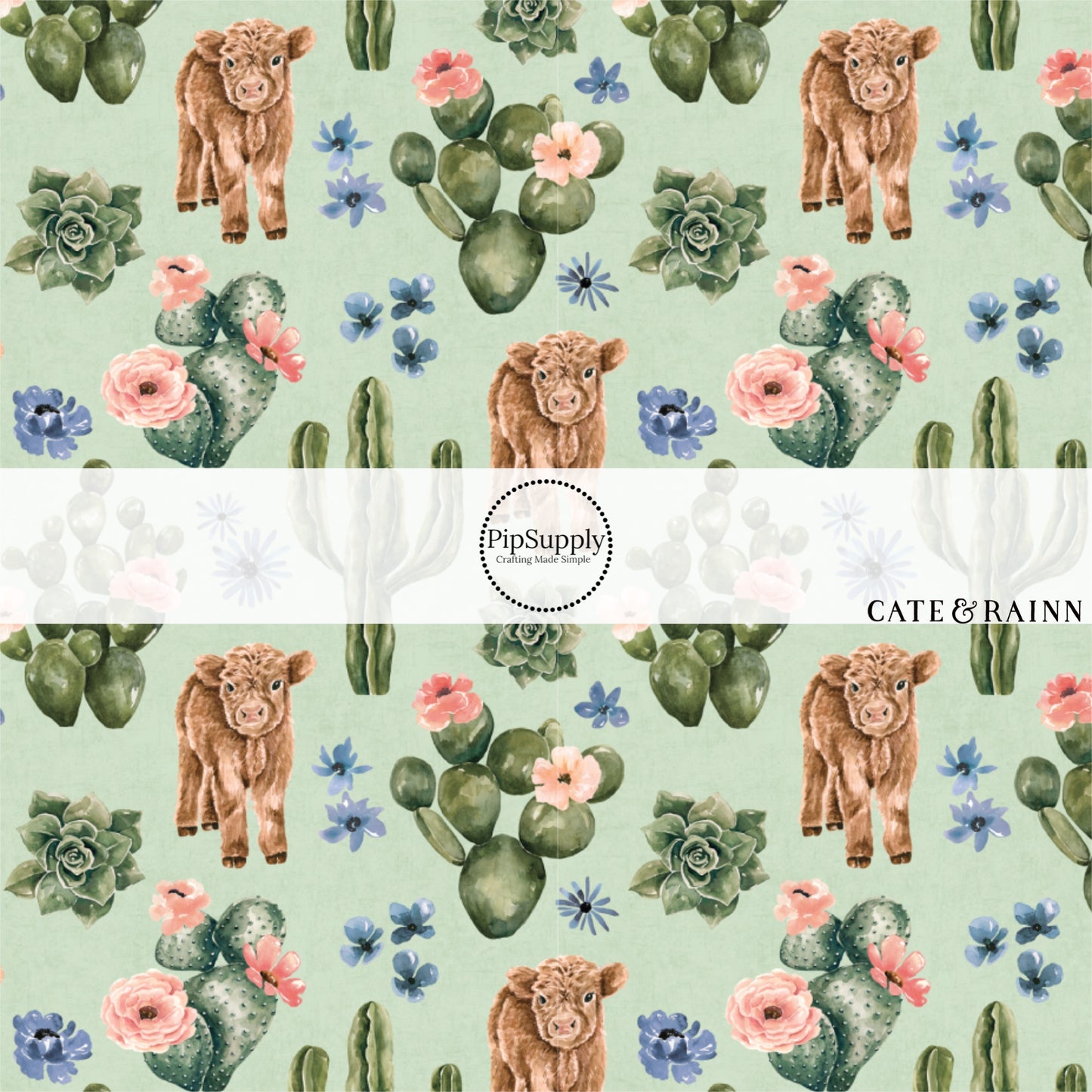 These cows, cacti, and flower pattern themed no sew bow strips can be easily tied and attached to a clip for a finished hair bow. These bow strips are great for personal use or to sell. The bow strips features brown cows surrounded by pink and blue flower bunches and cacti on aqua blue.