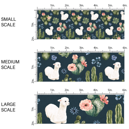 This scale chart of small scale, medium scale, and large scale of these llamas, cacti, and flower pattern themed fabric by the yard features white llamas surrounded by pink and blue flower bunches and cacti on dark blue. This fun floral fabric can be used for all your sewing and crafting needs!