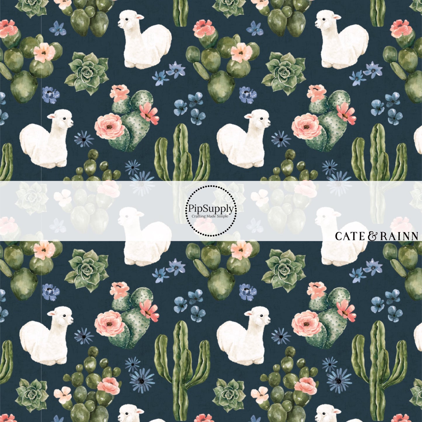 These llamas, cacti, and flower pattern themed fabric by the yard features white llamas surrounded by pink and blue flower bunches and cacti on dark blue. This fun floral fabric can be used for all your sewing and crafting needs!