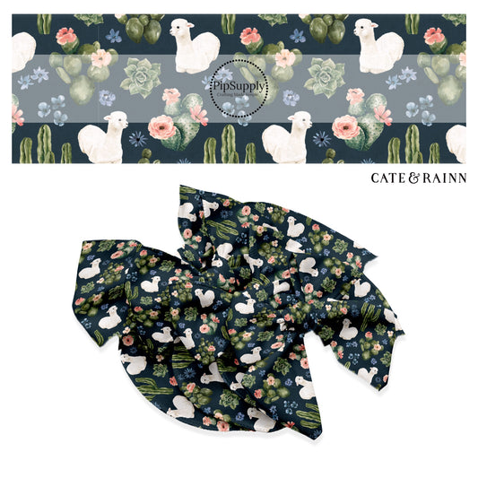 These llamas, cacti, and flower pattern themed no sew bow strips can be easily tied and attached to a clip for a finished hair bow. These bow strips are great for personal use or to sell. The bow strips features white llamas surrounded by pink and blue flower bunches and cacti on dark blue.
