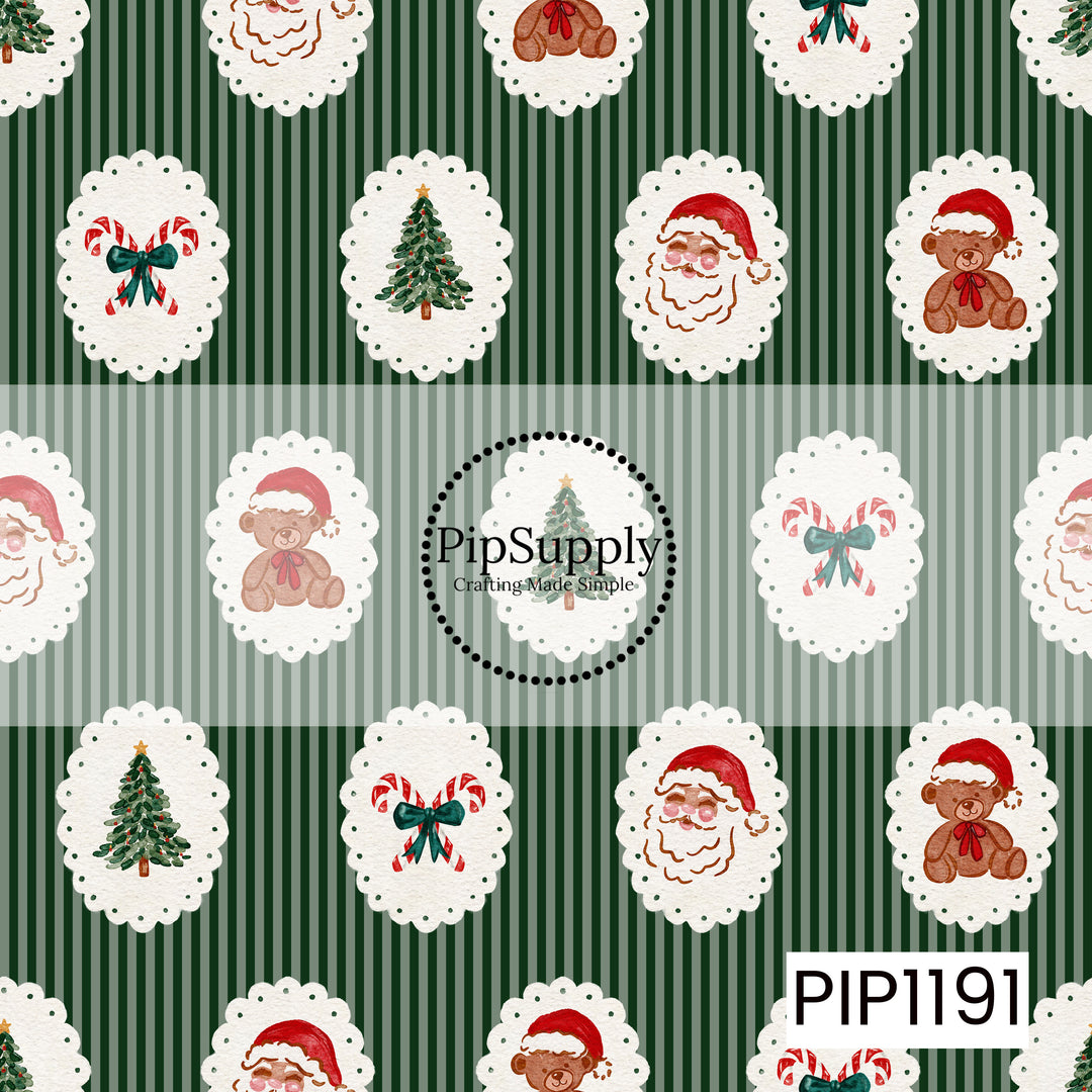 A classic Christmas design featuring watercolor holiday icons inside scalloped white frames. Santa faces, teddy bears in Santa hats, decorated Christmas trees, and candy canes tied with green bows are arranged over alternating deep green and soft sage striped backgrounds.
