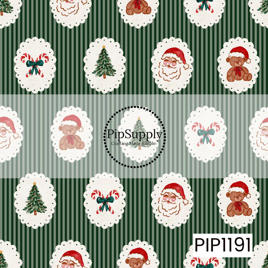 A classic Christmas design featuring watercolor holiday icons inside scalloped white frames. Santa faces, teddy bears in Santa hats, decorated Christmas trees, and candy canes tied with green bows are arranged over alternating deep green and soft sage striped backgrounds.
