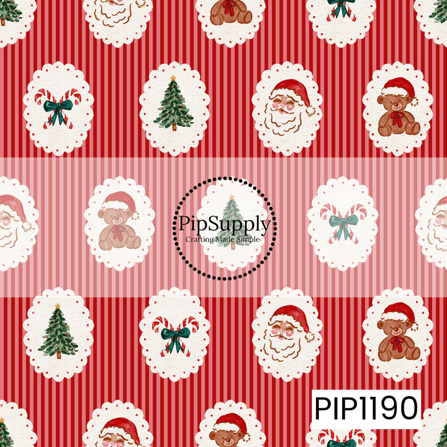 A sweet vintage-inspired Christmas design featuring watercolor holiday icons inside scalloped white frames. Santa faces, teddy bears in Santa hats, Christmas trees, and candy canes with green bows are arranged over classic red and soft pink striped backgrounds.
