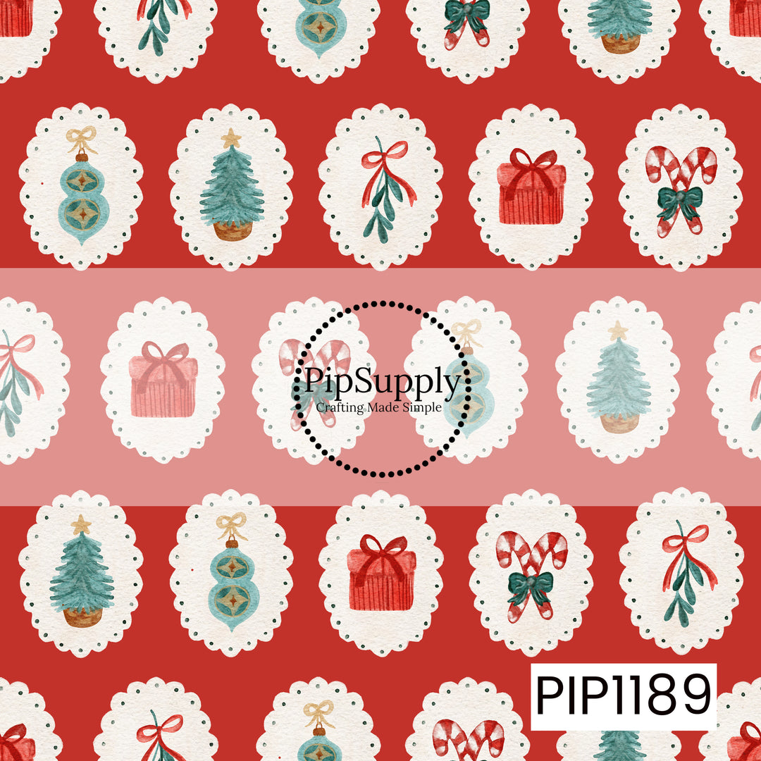 A charming watercolor Christmas design featuring vintage-inspired holiday icons framed inside scalloped white cameos. Christmas trees, wrapped gifts, candy canes, ornaments, and mistletoe are arranged across alternating rich red and soft pink backgrounds, with classic red, green, and icy blue accents.
