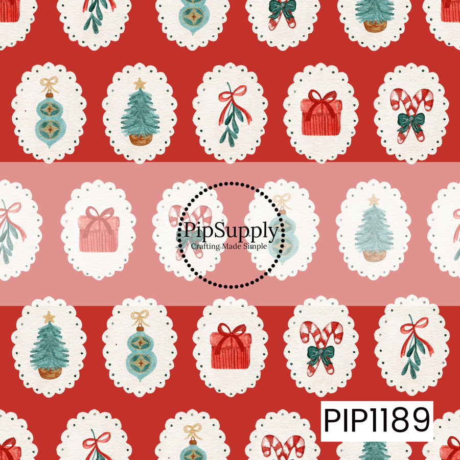 A charming watercolor Christmas design featuring vintage-inspired holiday icons framed inside scalloped white cameos. Christmas trees, wrapped gifts, candy canes, ornaments, and mistletoe are arranged across alternating rich red and soft pink backgrounds, with classic red, green, and icy blue accents.
