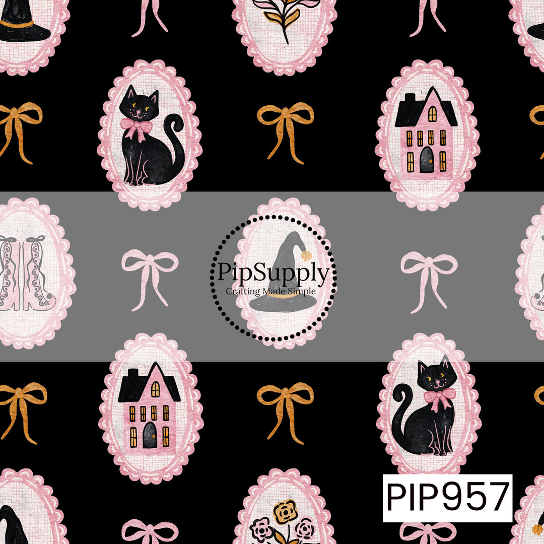 A vintage-inspired Halloween pattern featuring pink lace cameo frames filled with black cats, haunted houses, witch hats, flowers, and lace-up boots, accented with pink and golden bows on a bold black background. The soft watercolor artwork and feminine color palette create a charming blend of spooky and sweet for Halloween-themed projects.
