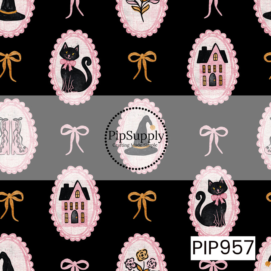 A vintage-inspired Halloween pattern featuring pink lace cameo frames filled with black cats, haunted houses, witch hats, flowers, and lace-up boots, accented with pink and golden bows on a bold black background. The soft watercolor artwork and feminine color palette create a charming blend of spooky and sweet for Halloween-themed projects.
