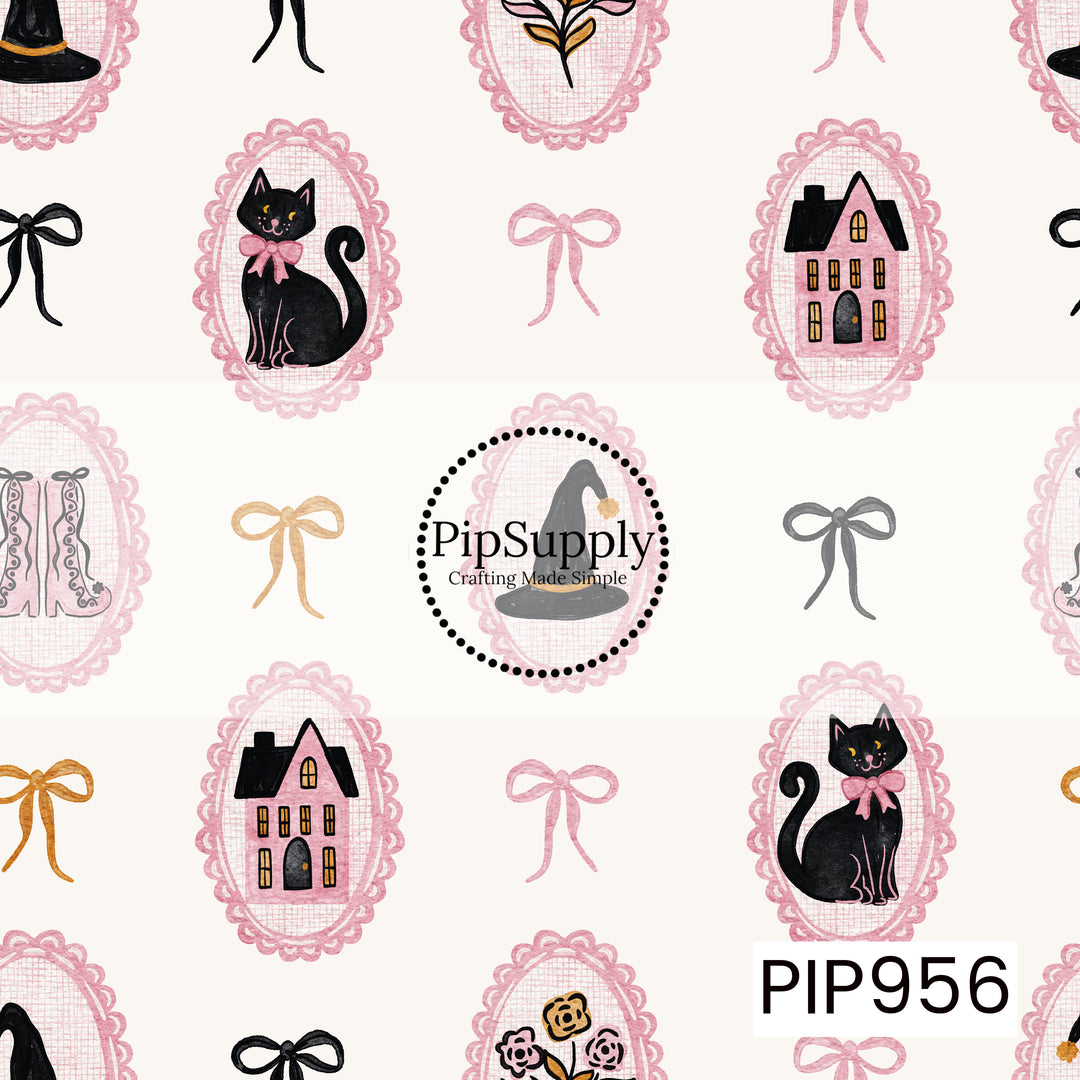 A vintage-inspired Halloween pattern featuring pink lace cameo frames with black cats, haunted houses, witch hats, flowers, and lace-up boots, accented with delicate ribbon bows on a soft cream background. The charming watercolor style and feminine pink palette create a whimsical spooky aesthetic perfect for Halloween projects.
