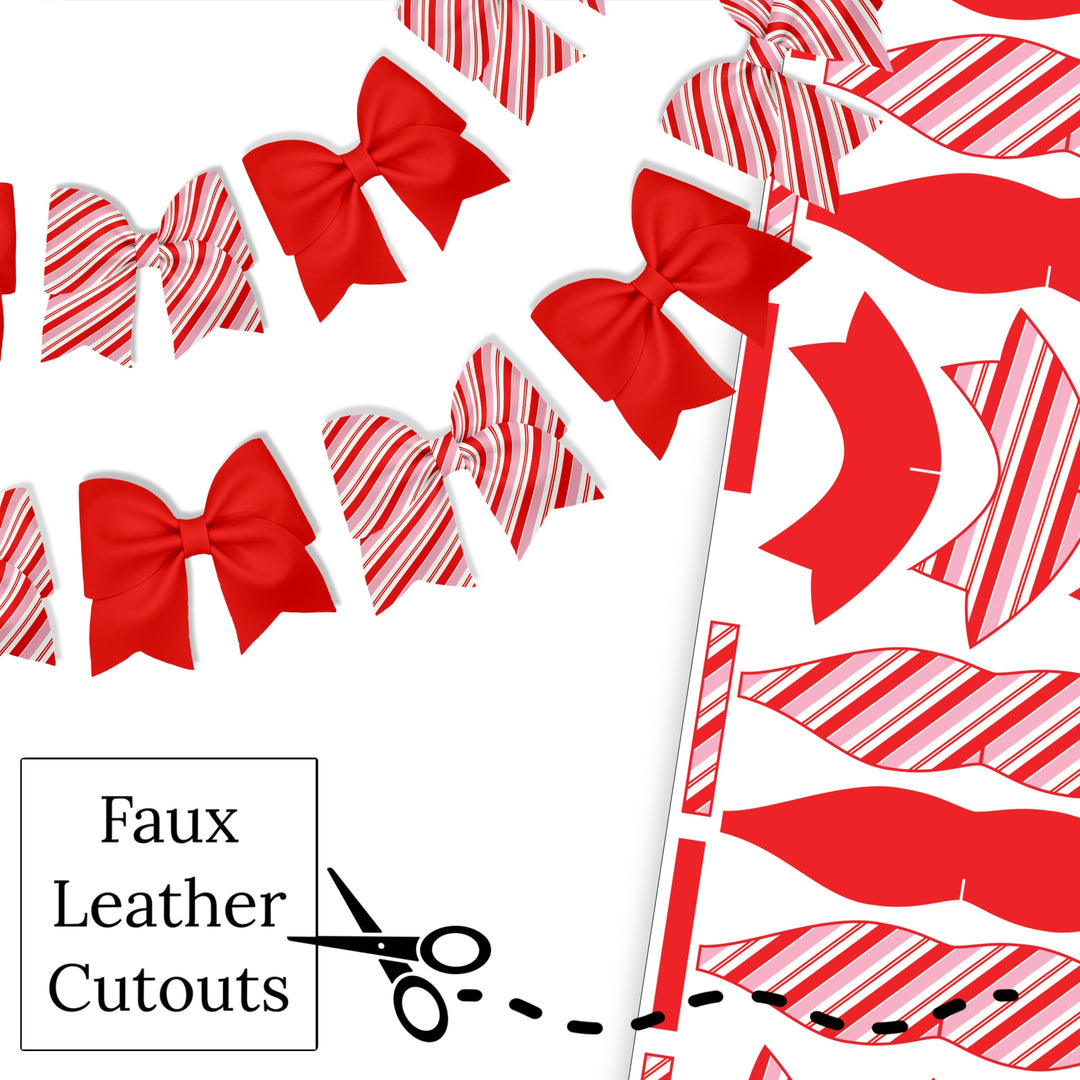 These candy cane red and pink Christmas holiday themed layered faux leather bows are ready to cut and assemble into a bow garland. These patterned cutouts can also be used to make a hair bow, headband, banner, photo props, scrapbook, party or classroom decorations, bulletin board trim or anything creative! You will receive one faux leather sheet with varying quantities of cutouts based on your selections.