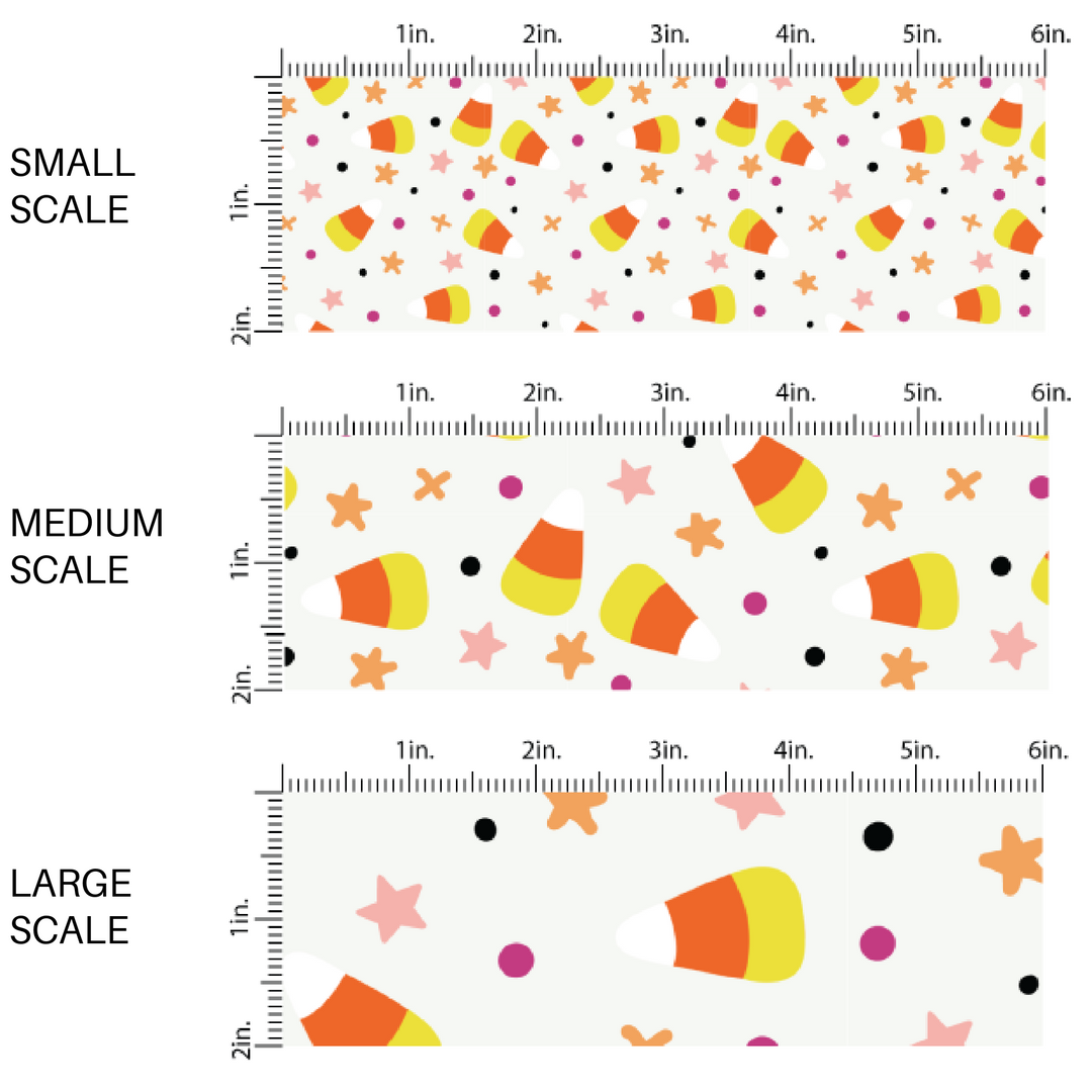 White fabric by the yard scaled image guide with scattered candy corn, dots, and stars.