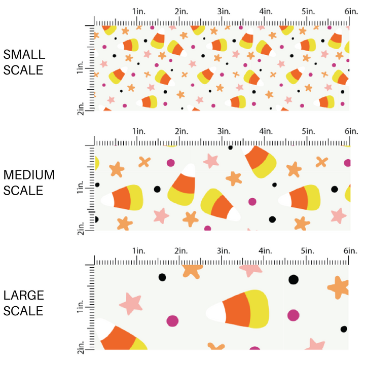 White fabric by the yard scaled image guide with scattered candy corn, dots, and stars.