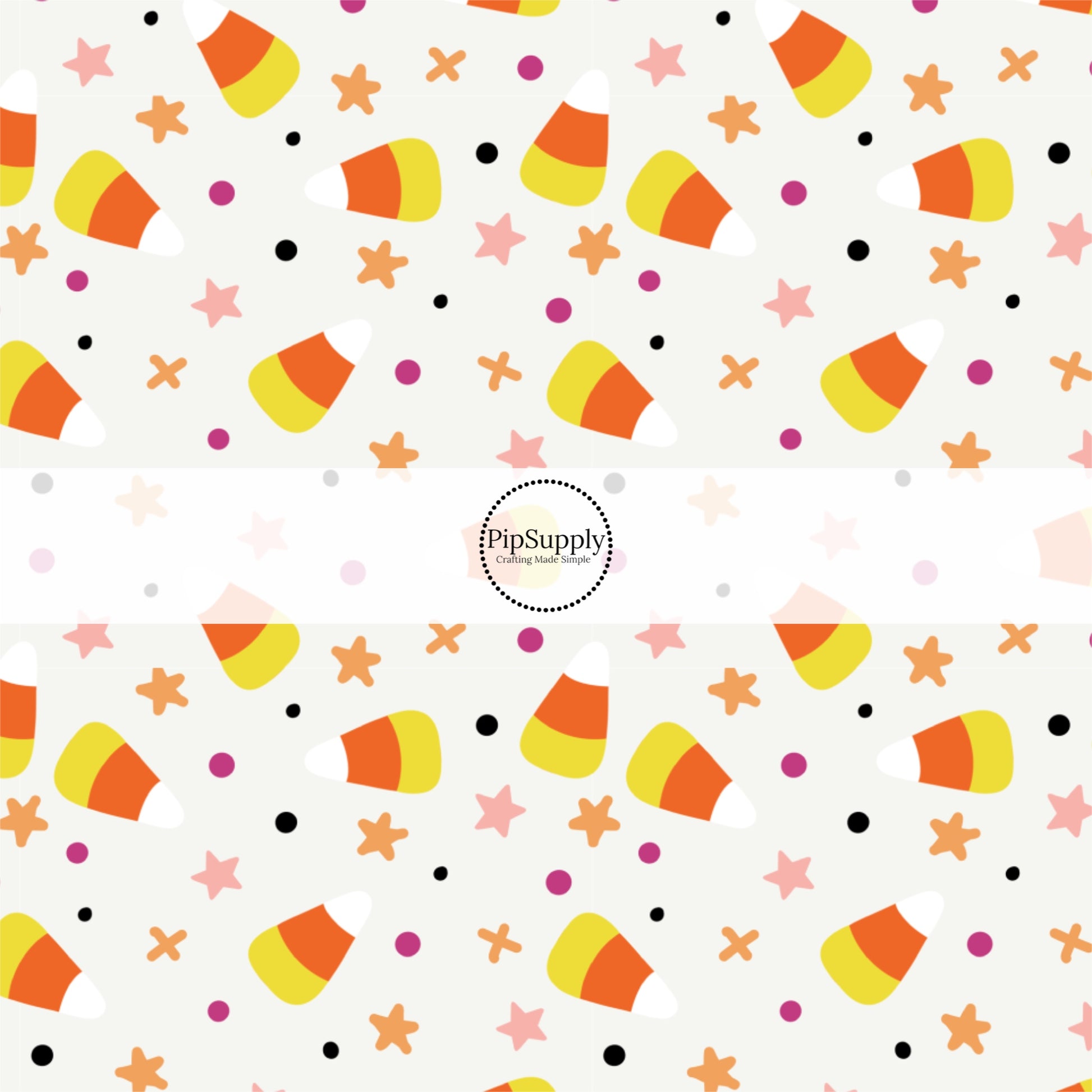 White fabric by the yard with scattered candy corn, dots, and stars.