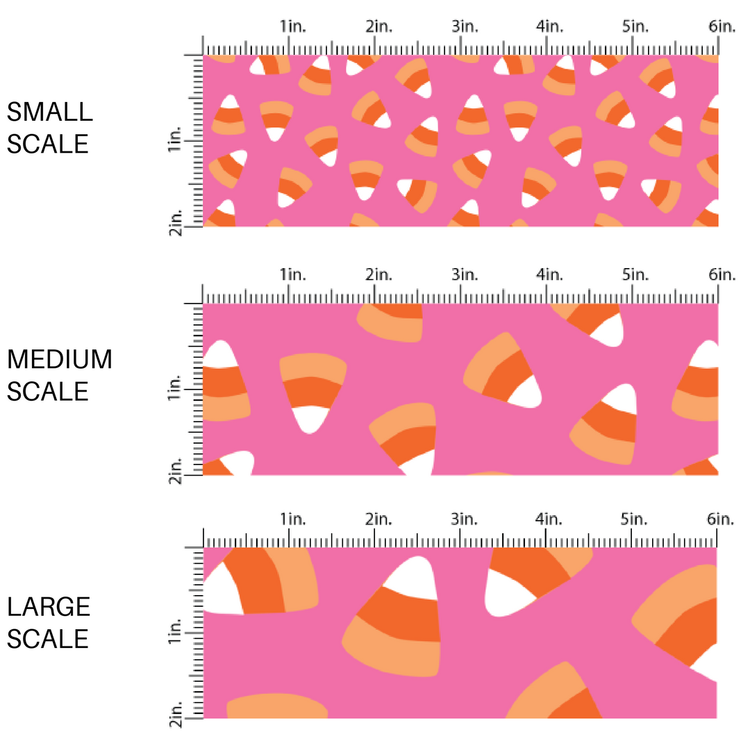 This scale chart of small scale, medium scale, and large scale of these Halloween themed pink fabric by the yard features candy corn on hot pink. This fun spooky themed fabric can be used for all your sewing and crafting needs! 