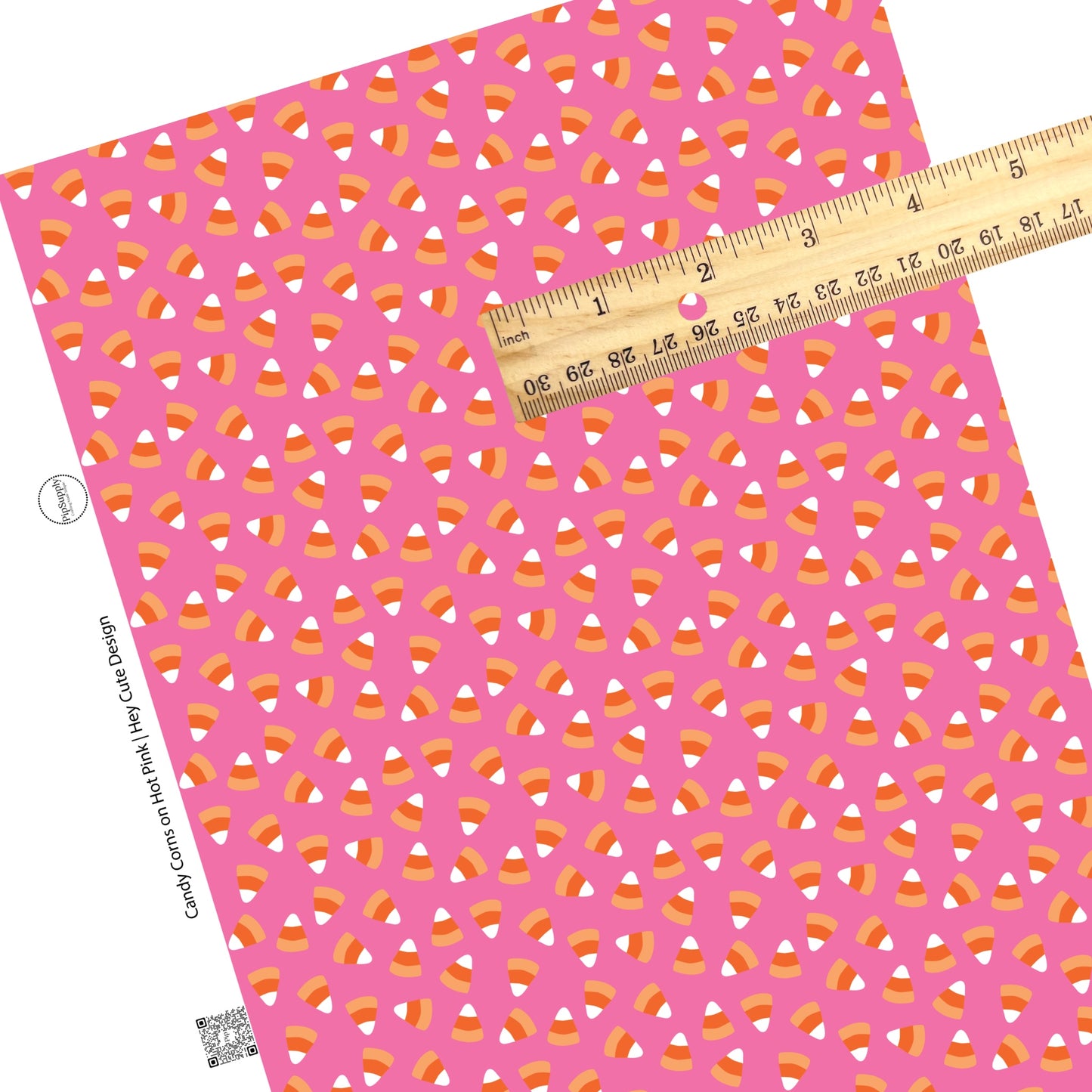 These Halloween themed pink faux leather sheets contain the following design elements: candy corn on hot pink. Our CPSIA compliant faux leather sheets or rolls can be used for all types of crafting projects.