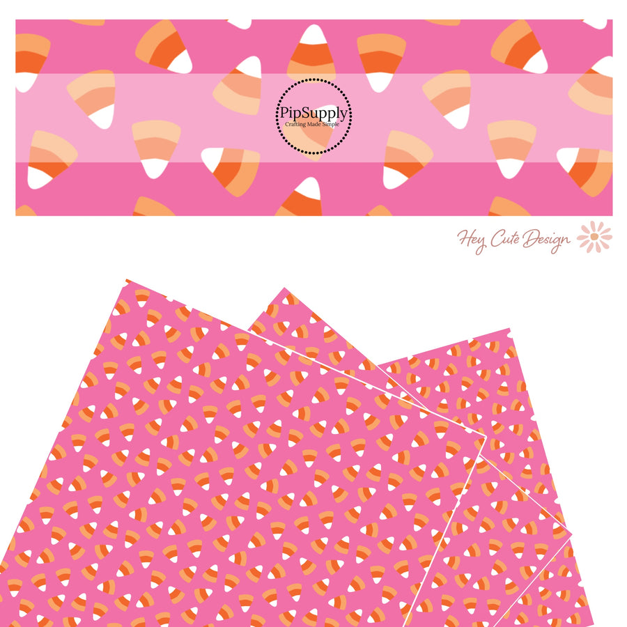 These Halloween themed pink faux leather sheets contain the following design elements: candy corn on hot pink. Our CPSIA compliant faux leather sheets or rolls can be used for all types of crafting projects.