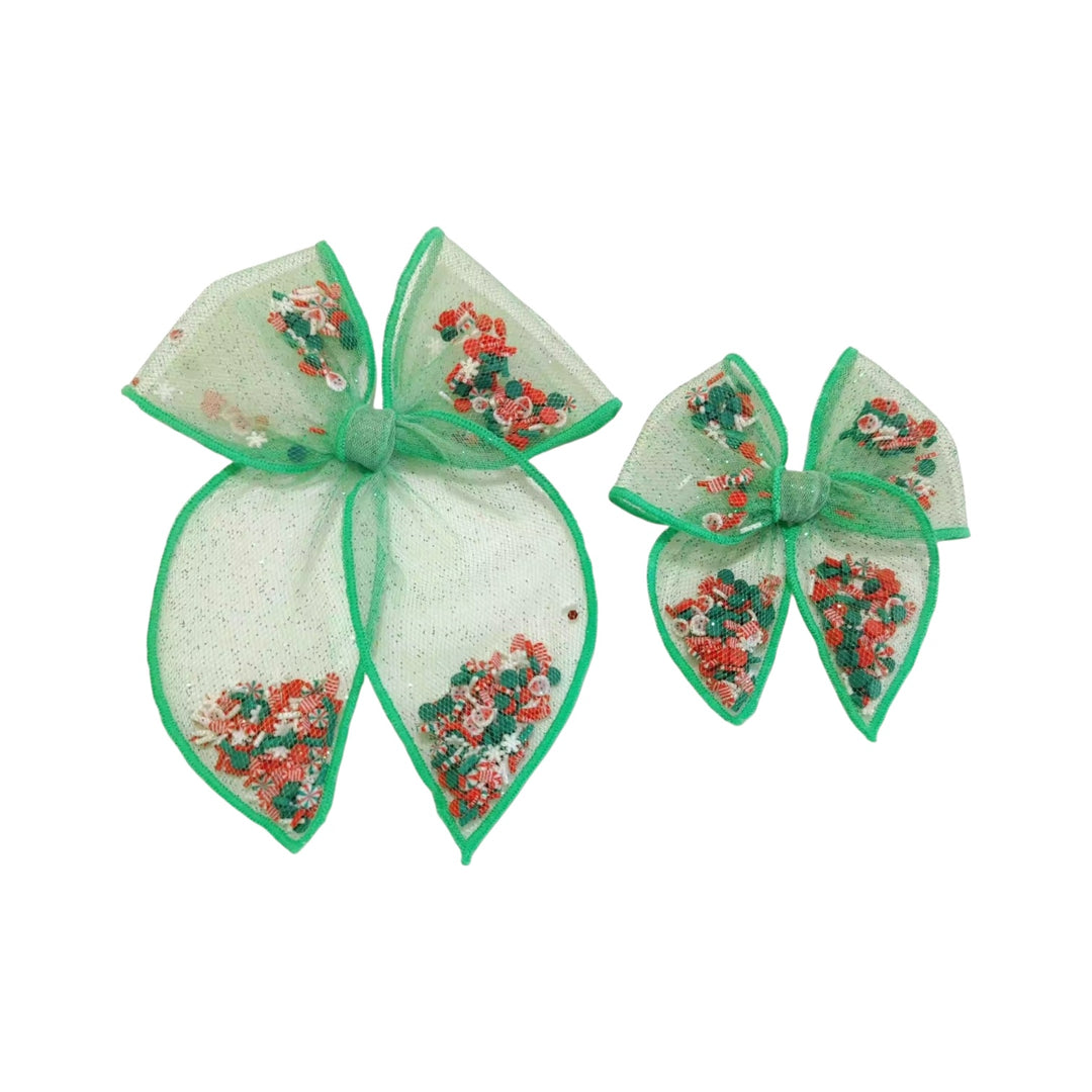 Candy Cane Lane GREEN Tulle Shaker Hair Tied Bow w/ Clip