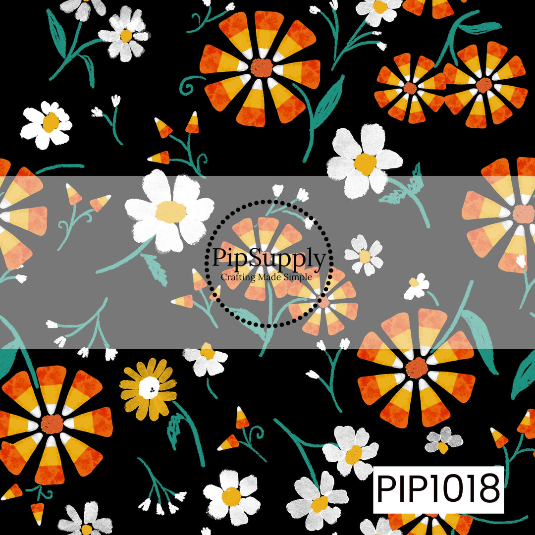 A charming Halloween floral featuring candy corn blossoms, delicate white daisies, tiny candy corn sprigs, and leafy vines scattered across a black background. The playful mix of classic Halloween treats and sweet florals creates a whimsical coordinating print for spooky season collections.
