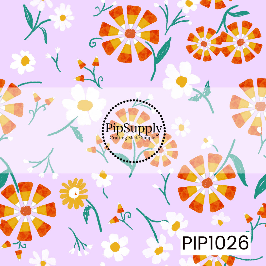 A whimsical seamless pattern featuring cheerful candy corn flowers, white daisies, delicate leafy sprigs, and tiny candy corn accents scattered across a soft pastel lilac background. Hand-painted in warm shades of orange, yellow, white, and teal, this playful floral design brings a sweet blend of Halloween charm and cottagecore style to any fall collection.
