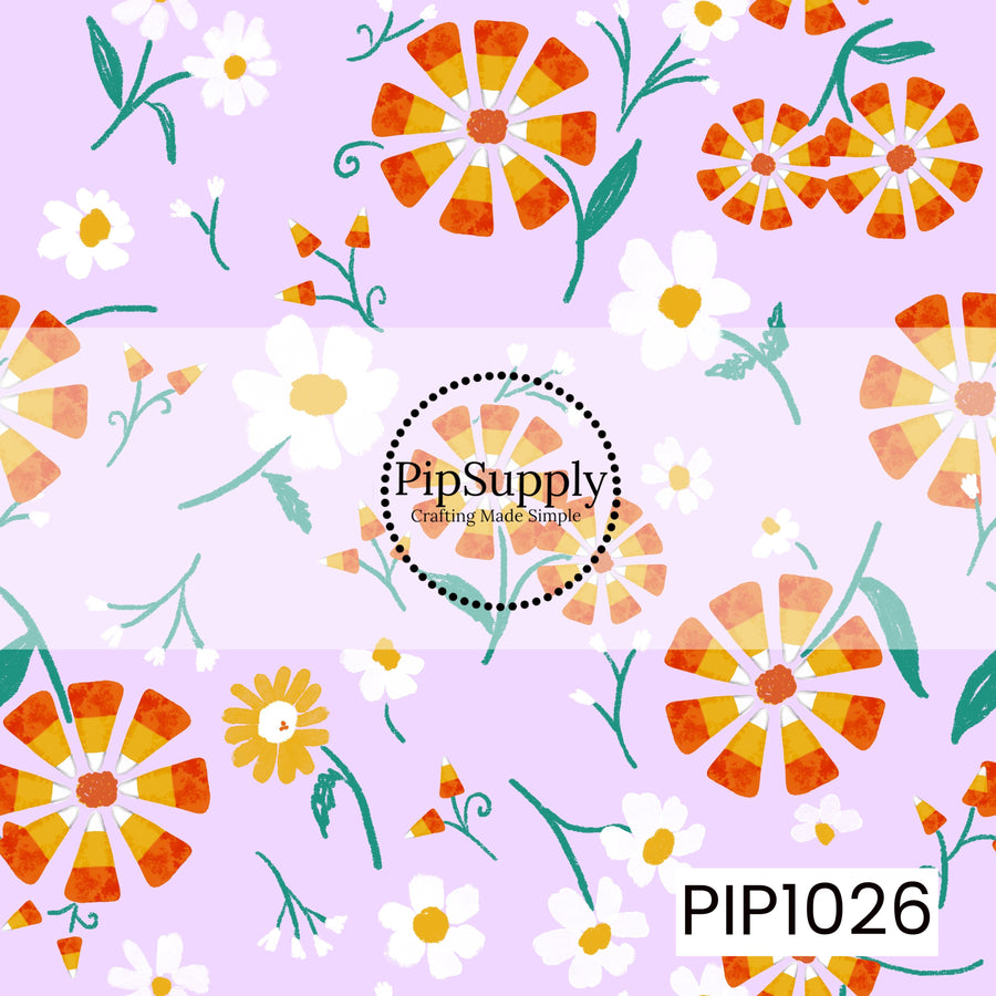 A whimsical seamless pattern featuring cheerful candy corn flowers, white daisies, delicate leafy sprigs, and tiny candy corn accents scattered across a soft pastel lilac background. Hand-painted in warm shades of orange, yellow, white, and teal, this playful floral design brings a sweet blend of Halloween charm and cottagecore style to any fall collection.
