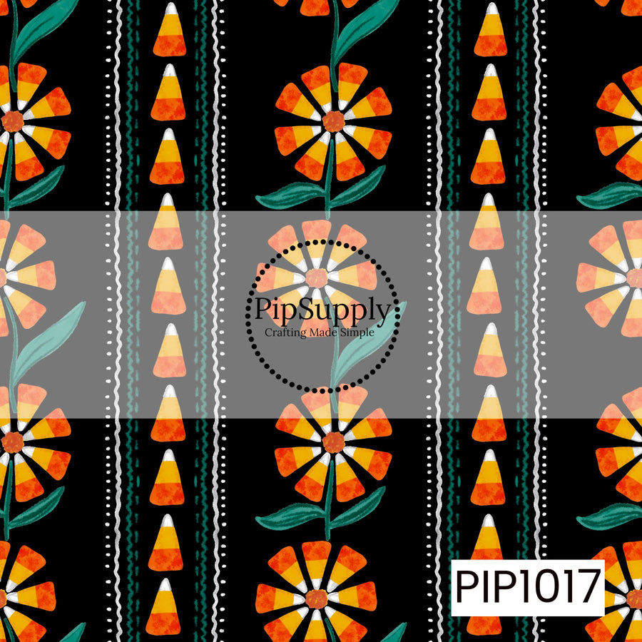 A whimsical Halloween stripe featuring candy corn blossoms, rows of watercolor candy corn, and hand-drawn decorative accents on a black background. The playful vertical layout and classic Halloween colors make it a fun coordinating print for spooky seasonal projects.
