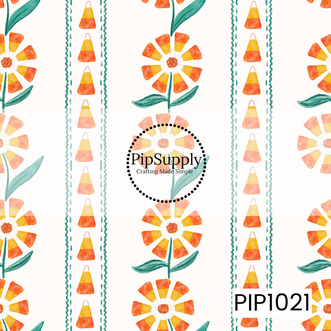 A whimsical Halloween stripe featuring candy corn blossoms, rows of watercolor candy corn, and hand-painted teal foliage on a soft cream background. The playful vertical layout and sweet seasonal colors make it a charming coordinating print for Halloween and fall-inspired collections.
