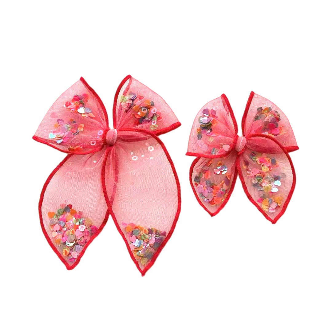 Candy Hearts Red Tulle Shaker Hair Tied Bow w/ Clip
