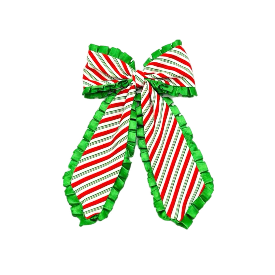 Candy Cane Stripe and Green Ruffled Long Tail Tied Bow With Clip