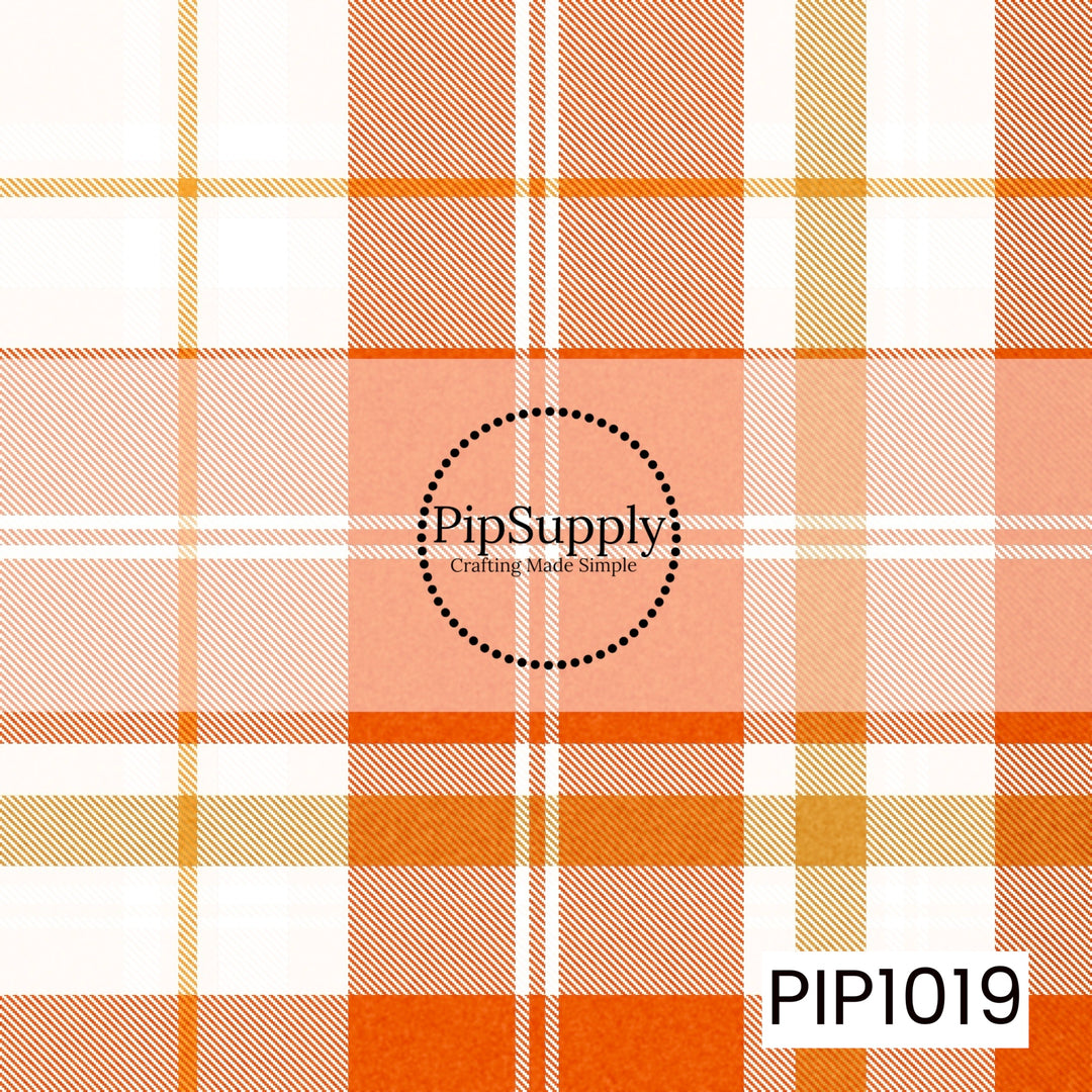 A soft Halloween plaid featuring warm shades of cream, orange, peach, and golden mustard in a classic tartan pattern. Its light, cozy color palette makes it a beautiful coordinating print for Halloween, fall, and harvest-inspired designs.
