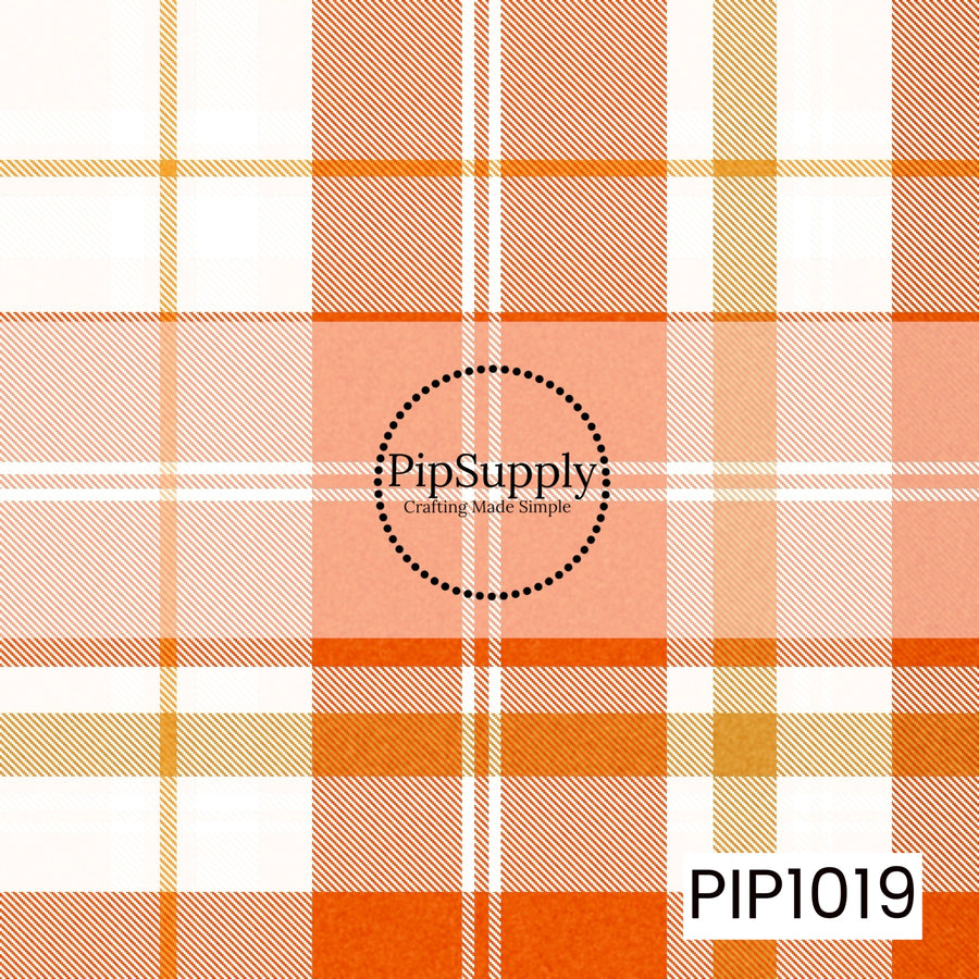 A soft Halloween plaid featuring warm shades of cream, orange, peach, and golden mustard in a classic tartan pattern. Its light, cozy color palette makes it a beautiful coordinating print for Halloween, fall, and harvest-inspired designs.
