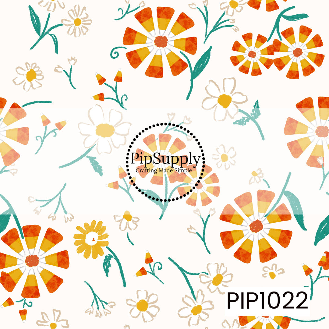 A charming Halloween floral pattern featuring whimsical candy corn blossoms, delicate sketch-style daisies, tiny candy corn sprigs, and teal greenery scattered across a soft cream background. The playful watercolor details and sweet seasonal palette create a light, cheerful design that's perfect for coordinating with Halloween and autumn collections.
