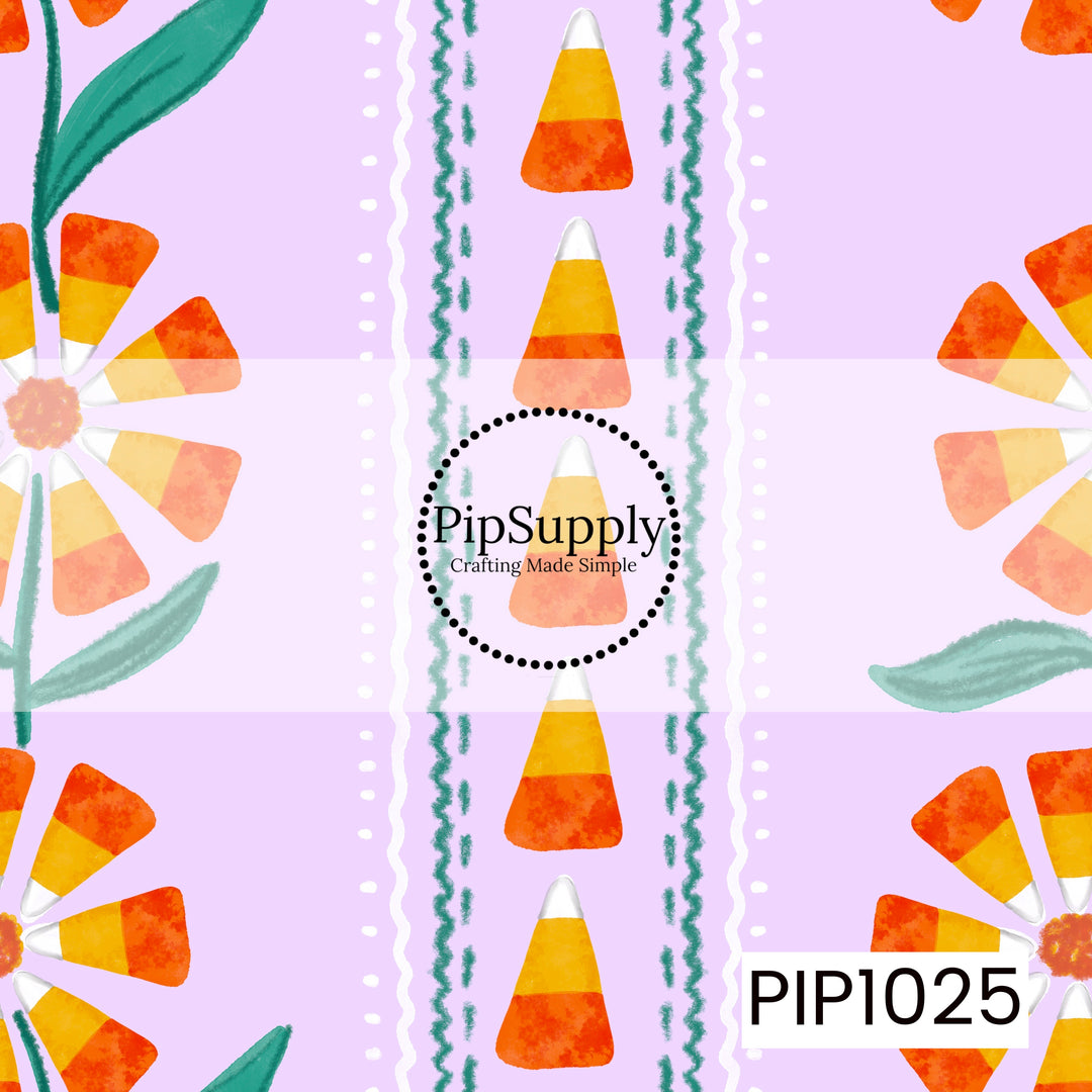 A whimsical vertical stripe pattern featuring candy corn blooms, watercolor candy corn, teal leafy accents, and playful stitched stripe details on a soft pastel lilac background. The cheerful mix of warm orange, yellow, white, and teal creates a sweet Halloween-inspired coordinate with a charming vintage folk art feel.

